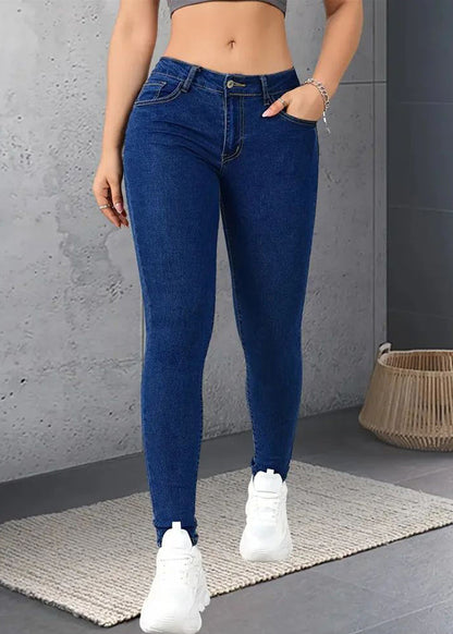 Dark Blue Pockets Button Patchwork Solid Denim Pants