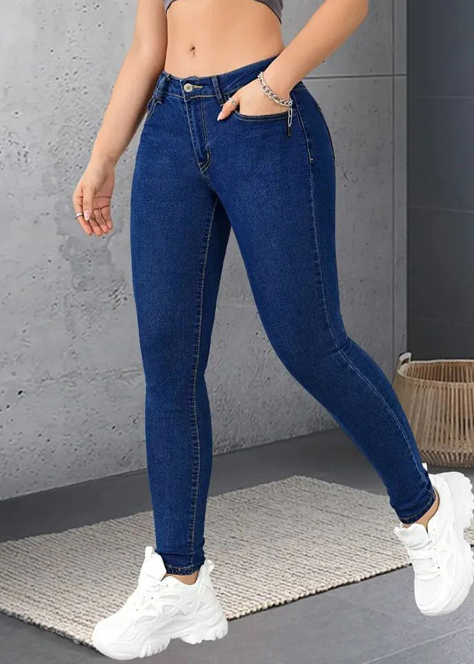 Dark Blue Pockets Button Patchwork Solid Denim Pants