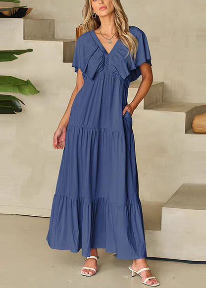 Dark Blue Ruffled Patchwork Maxi Dresses Ruffled Summer