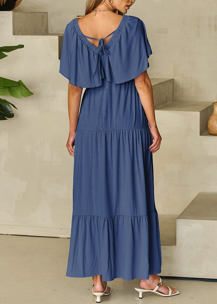 Dark Blue Ruffled Patchwork Maxi Dresses Ruffled Summer