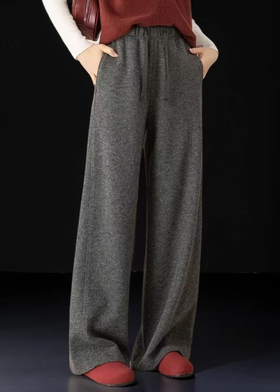 Dark Gray Elastic Waist Woolen Wide Leg Pants Pockets