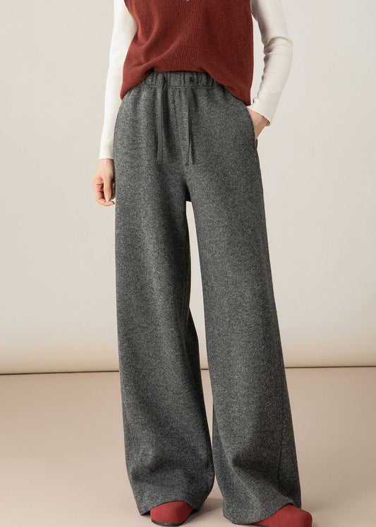 Dark Gray Elastic Waist Woolen Wide Leg Pants Pockets
