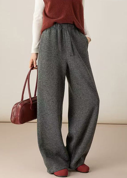 Dark Gray Elastic Waist Woolen Wide Leg Pants Pockets