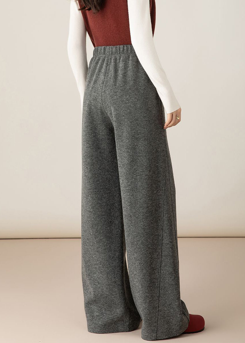 Dark Gray Elastic Waist Woolen Wide Leg Pants Pockets