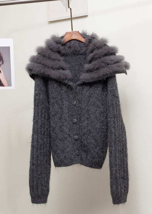 Dark Gray Fox Collar Button Patchwork Cozy Spring Knit Sailor Collar