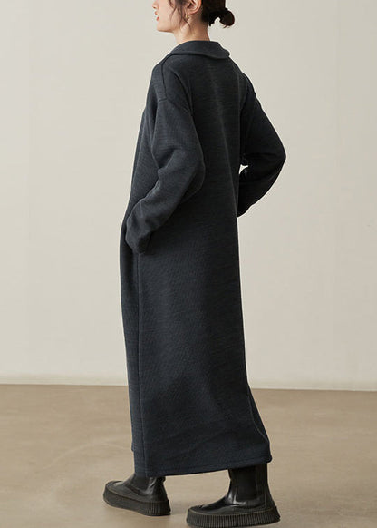 Dark Gray  Cotton Knit Dresses Peter Pan Collar Long Sleeve