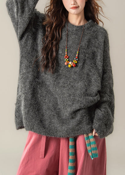 Dark Gray Solid Knit Pullover Sweater O Neck