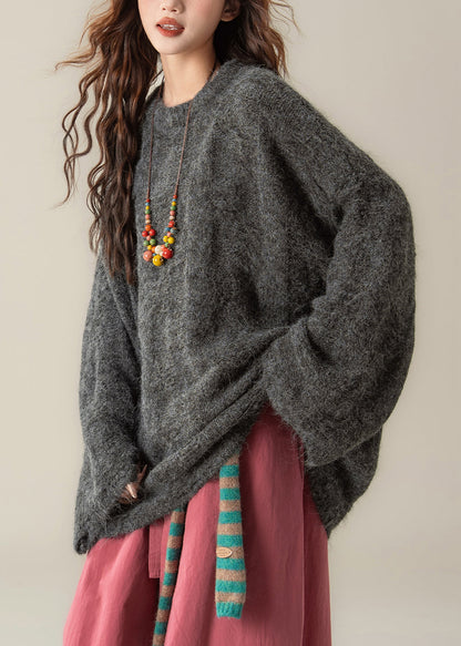 Dark Gray Solid Knit Pullover Sweater O Neck