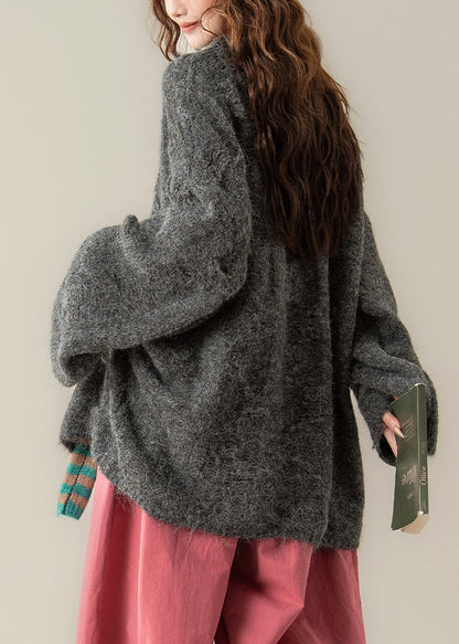 Dark Gray Solid Knit Pullover Sweater O Neck