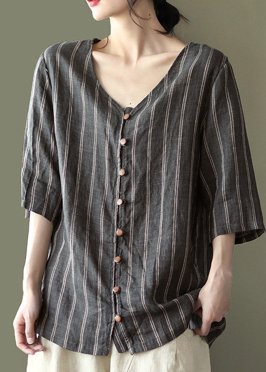 Dark Gray V Neck Button Linen Shirts Half Sleeve
