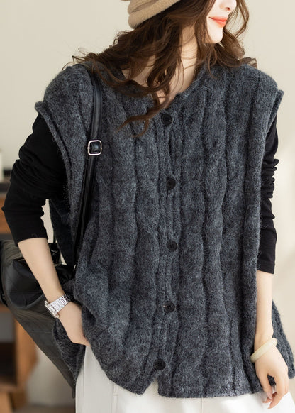 Dark Grey Button Warm Cable Cotton Knit Waistcoat Sleeveless