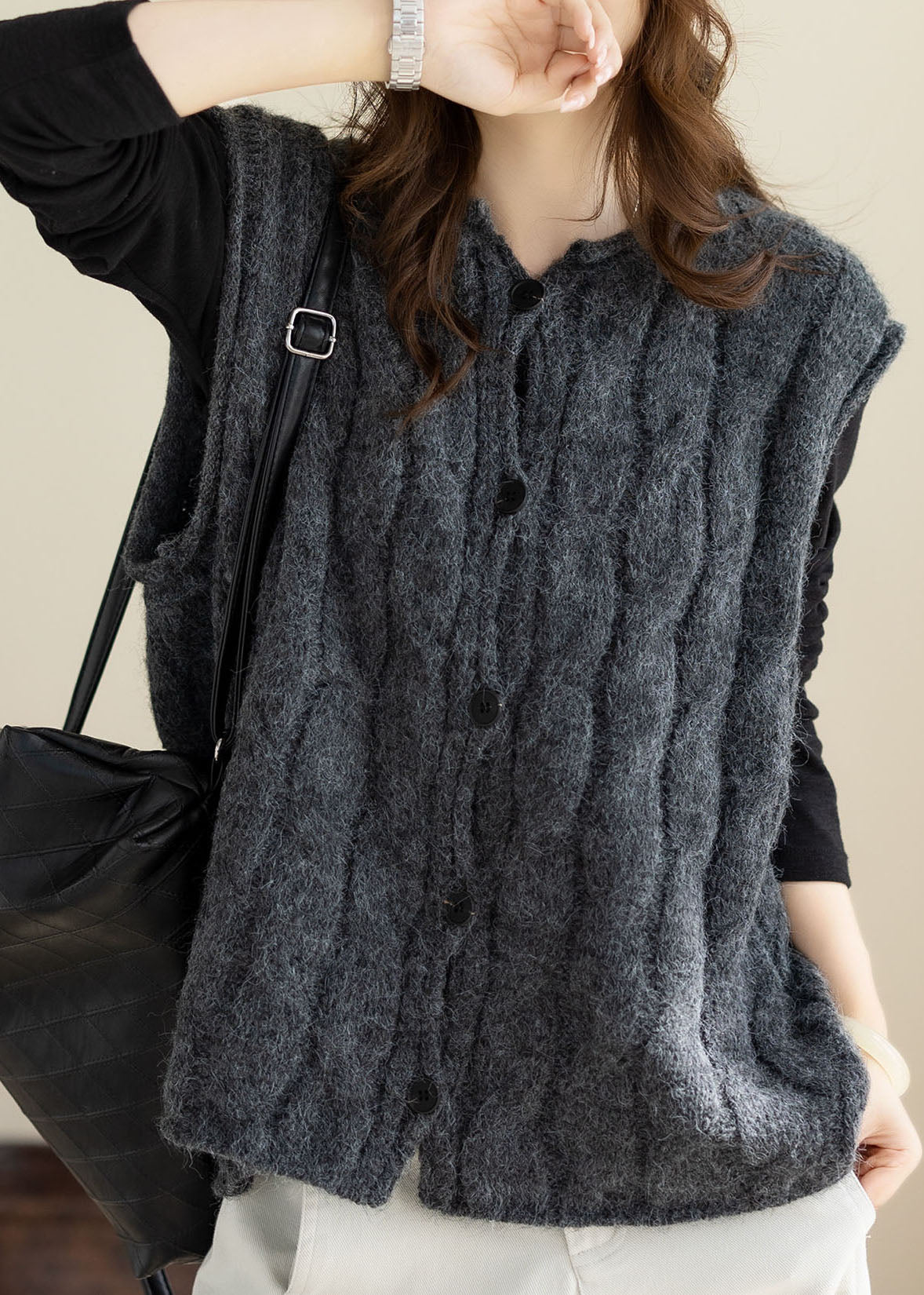 Dark Grey Button Warm Cable Cotton Knit Waistcoat Sleeveless