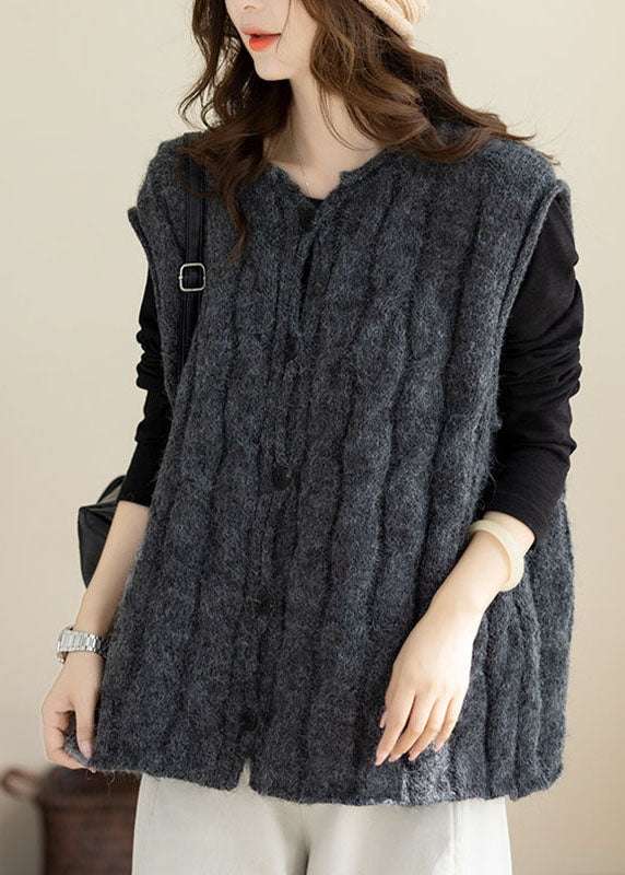 Dark Grey Button Warm Cable Cotton Knit Waistcoat Sleeveless