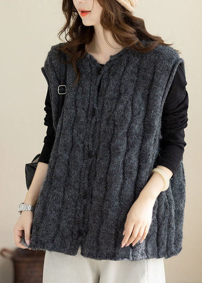 Dark Grey Button Warm Cable Cotton Knit Waistcoat Sleeveless