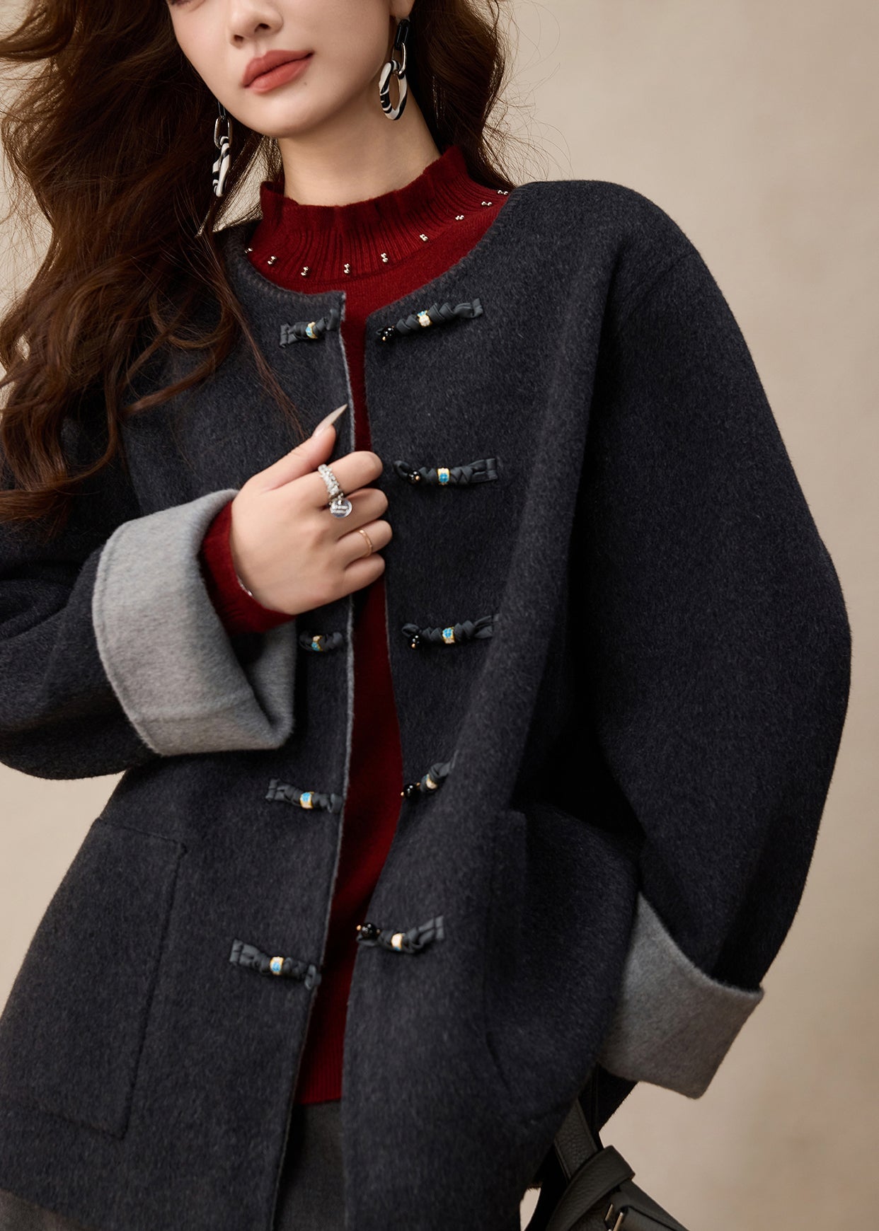 Dark Grey O-Neck Button Solid Woolen Coats Spring
