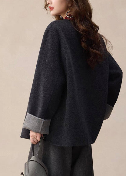 Dark Grey O-Neck Button Solid Woolen Coats Spring
