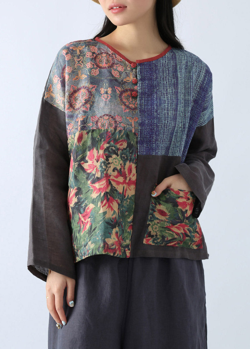 Dark Grey O-Neck Patchwork Tops Fall