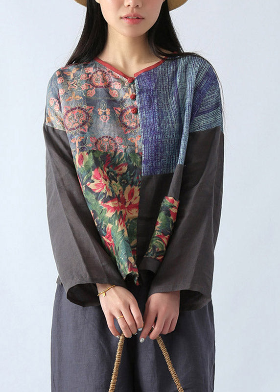 Dark Grey O-Neck Patchwork Tops Fall