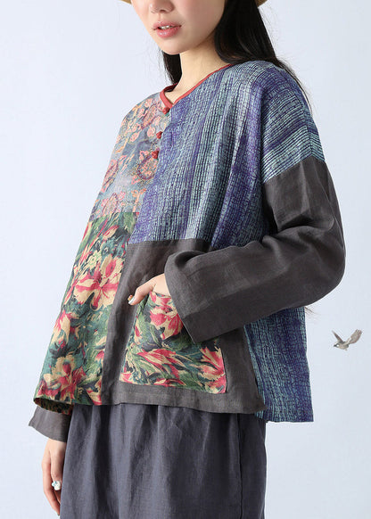 Dark Grey O-Neck Patchwork Tops Fall