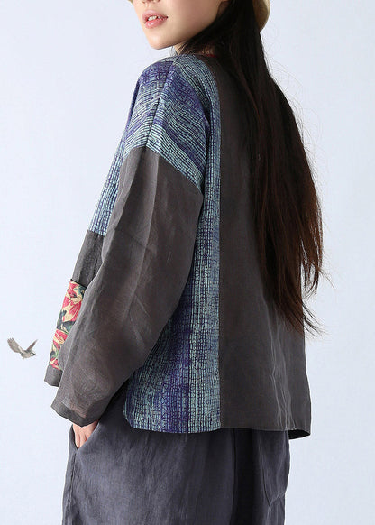 Dark Grey O-Neck Patchwork Tops Fall
