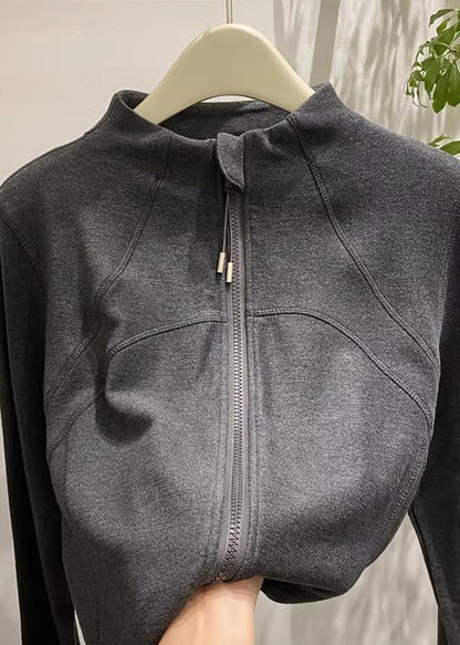 Dark Grey Velour Jackets Zip Up Stand Collar Winter