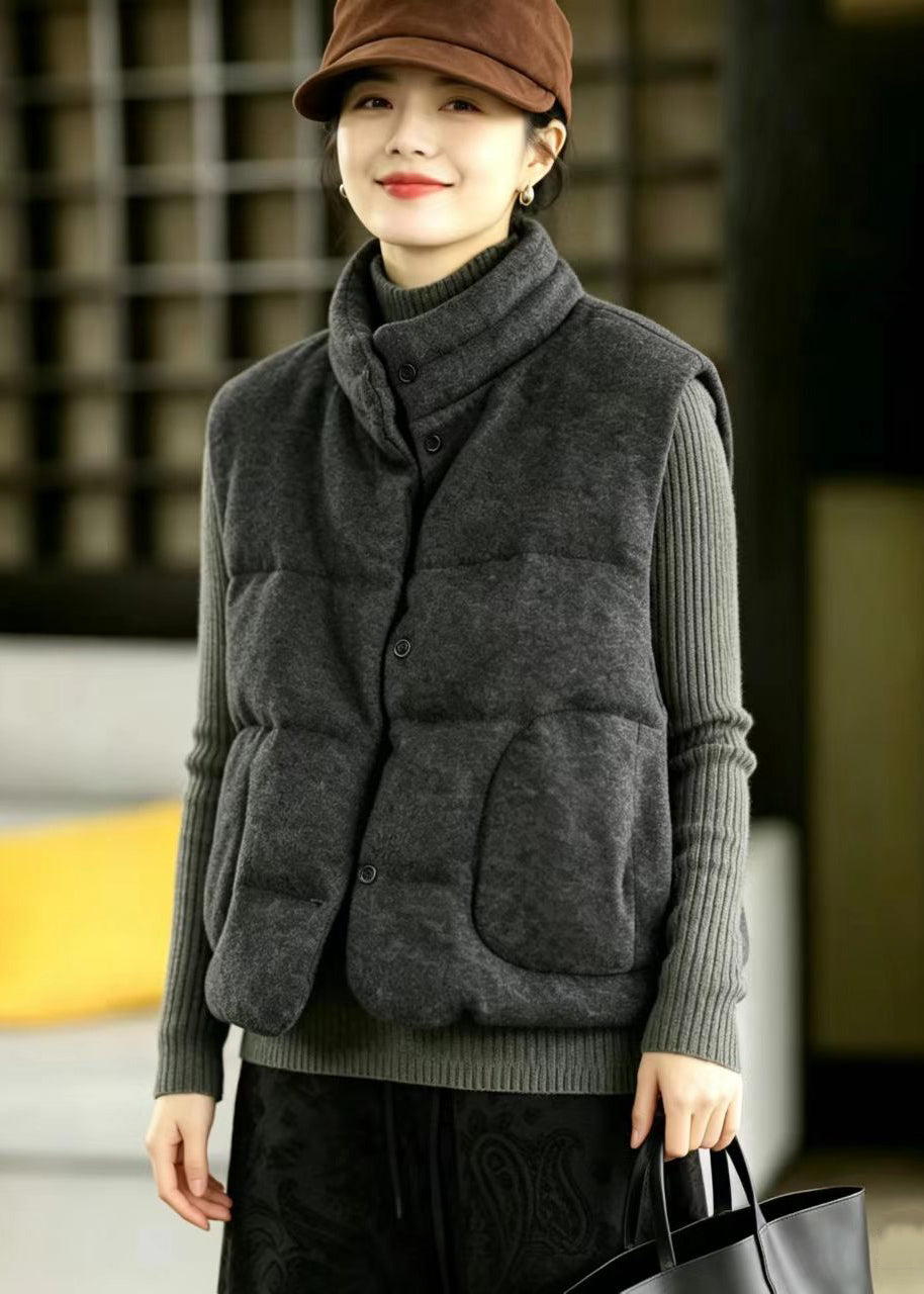 Dark Grey Woolen Cotton Filled Waistcoat Stand Collar Winter
