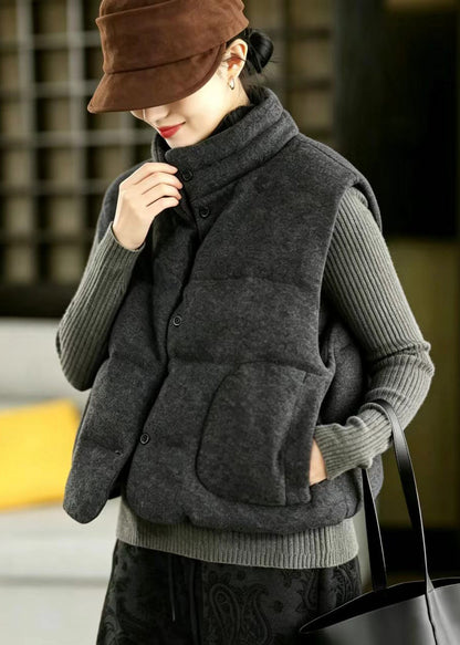 Dark Grey Woolen Cotton Filled Waistcoat Stand Collar Winter