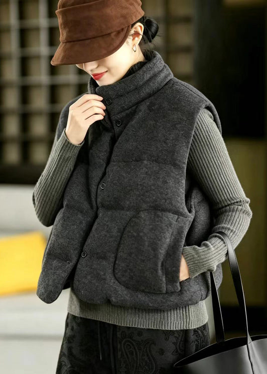 Dark Grey Woolen Cotton Filled Waistcoat Stand Collar Winter