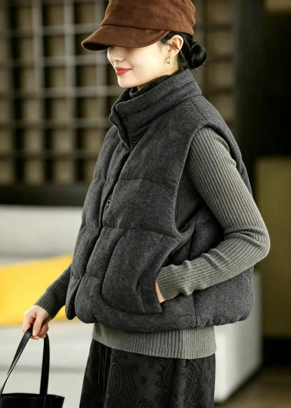 Dark Grey Woolen Cotton Filled Waistcoat Stand Collar Winter
