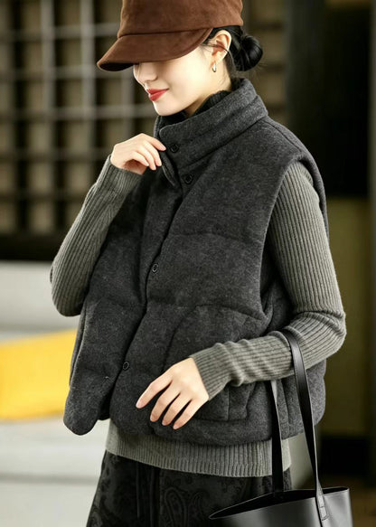 Dark Grey Woolen Cotton Filled Waistcoat Stand Collar Winter