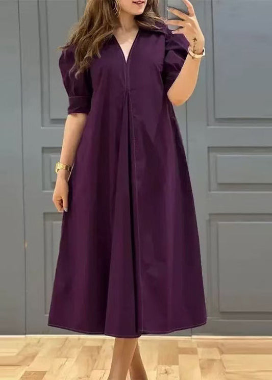 Dark Purple Cotton Pleated Dress Puff Sleeve V Neck Summer