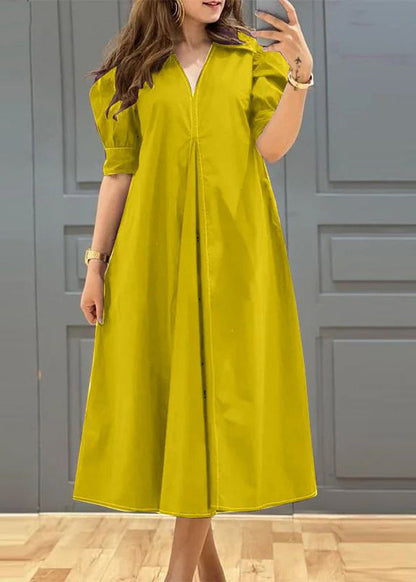 Dark Purple Cotton Pleated Dress Puff Sleeve V Neck Summer