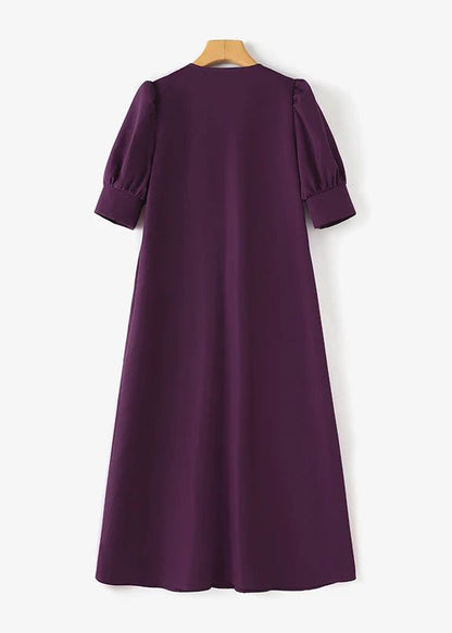 Dark Purple Cotton Pleated Dress Puff Sleeve V Neck Summer