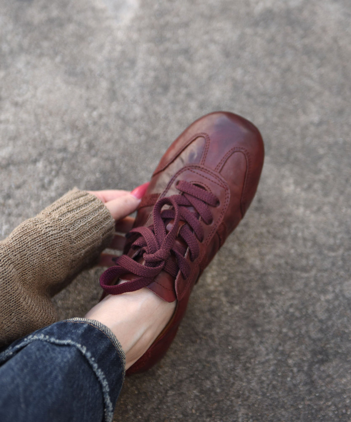 Dark Red Cowhide Leather Flat Shoes For Women Lace Up Flat Shoes