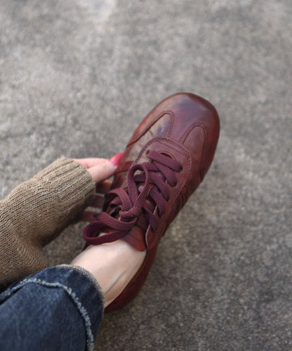 Dark Red Cowhide Leather Flat Shoes For Women Lace Up Flat Shoes
