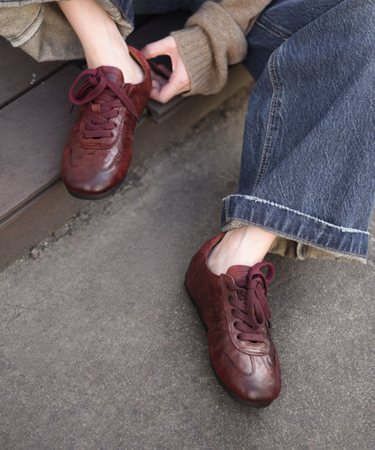 Dark Red Cowhide Leather Flat Shoes For Women Lace Up Flat Shoes