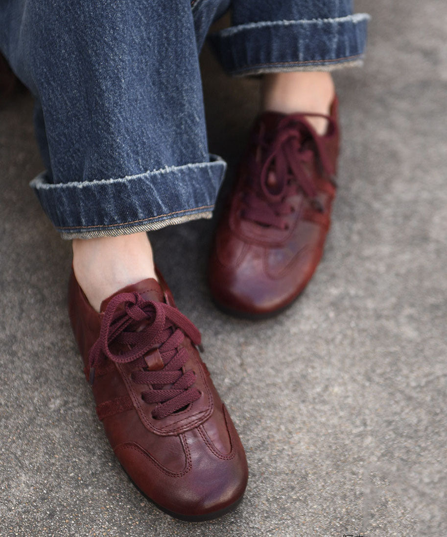 Dark Red Cowhide Leather Flat Shoes For Women Lace Up Flat Shoes