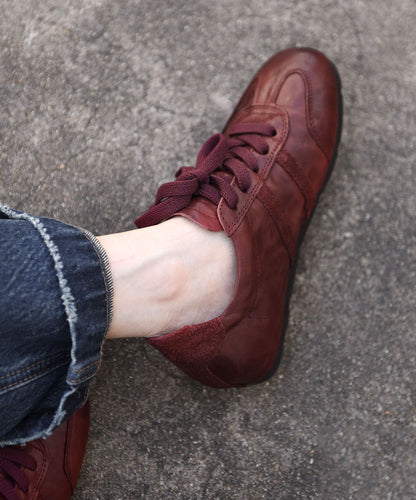 Dark Red Cowhide Leather Flat Shoes For Women Lace Up Flat Shoes