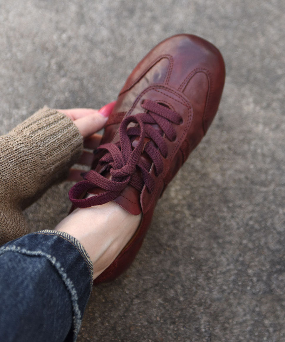Dark Red Cowhide Leather Flat Shoes For Women Lace Up Flat Shoes