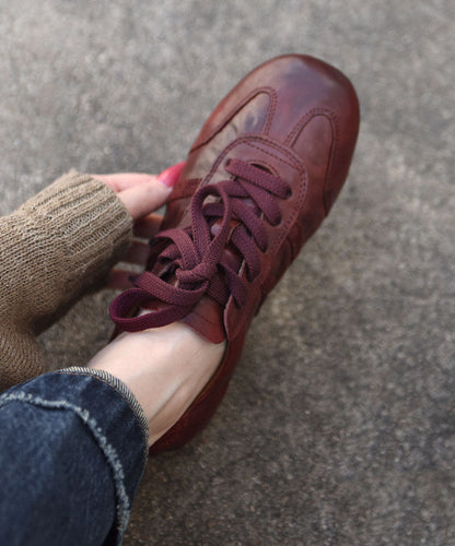 Dark Red Cowhide Leather Flat Shoes For Women Lace Up Flat Shoes