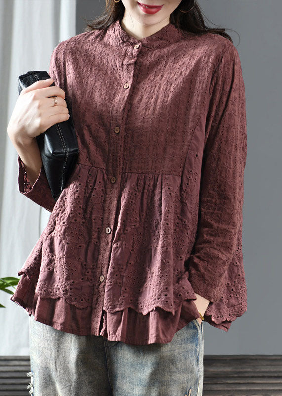 Dark Red Embroidered Floral Button Shirts Long Sleeve