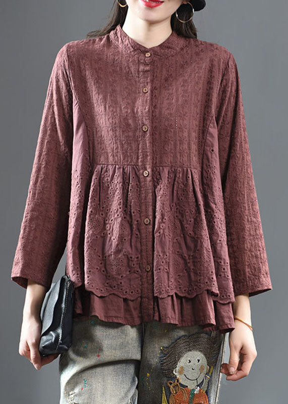 Dark Red Embroidered Floral Button Shirts Long Sleeve