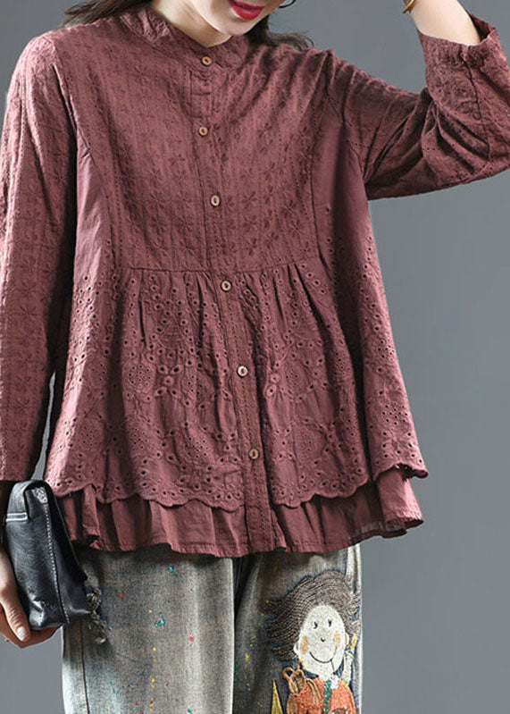 Dark Red Embroidered Floral Button Shirts Long Sleeve