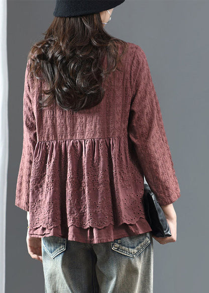 Dark Red Embroidered Floral Button Shirts Long Sleeve