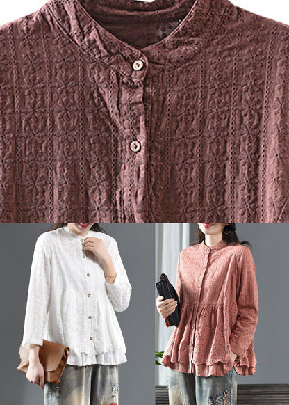 Dark Red Embroidered Floral Button Shirts Long Sleeve