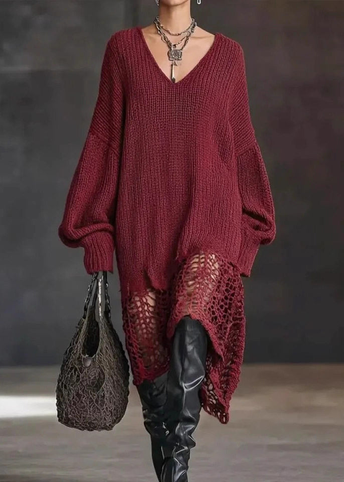 Dark Red Knit Sweater Dress V Neck Asymmetrical Hem Hollow Out Fall