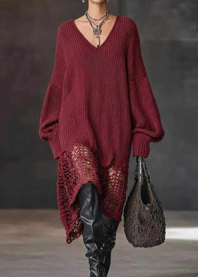 Dark Red Knit Sweater Dress V Neck Asymmetrical Hem Hollow Out Fall