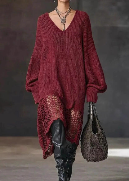 Dark Red Knit Sweater Dress V Neck Asymmetrical Hem Hollow Out Fall