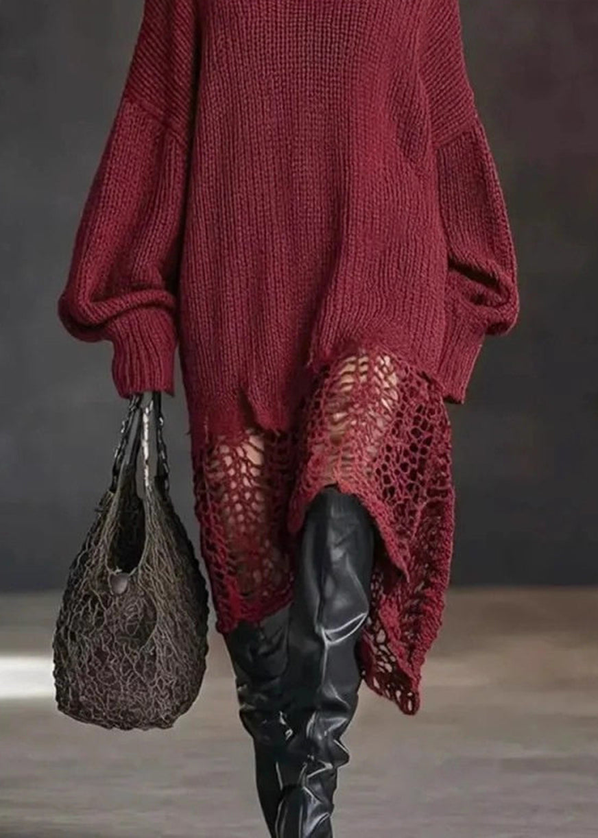 Dark Red Knit Sweater Dress V Neck Asymmetrical Hem Hollow Out Fall