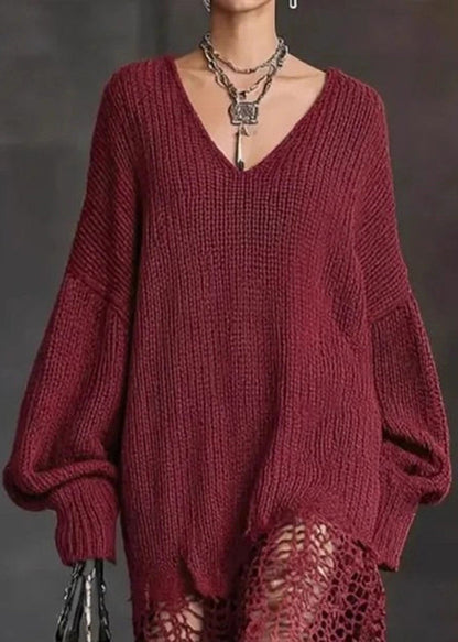 Dark Red Knit Sweater Dress V Neck Asymmetrical Hem Hollow Out Fall